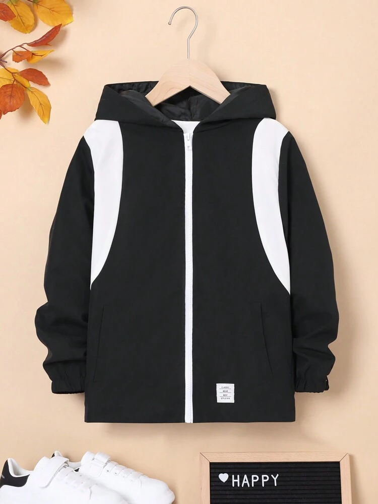 Tween Boy Colorblock Letter Patched Detail Hooded Coat
