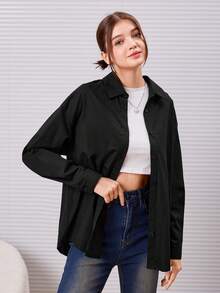 SHEIN Teen Girl Solid Button Front Shirt - Black - View 2