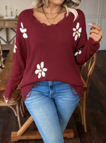 Calvaya 加花卉圖案落肩仿舊毛衣 - 酒紅色 - 查看 1