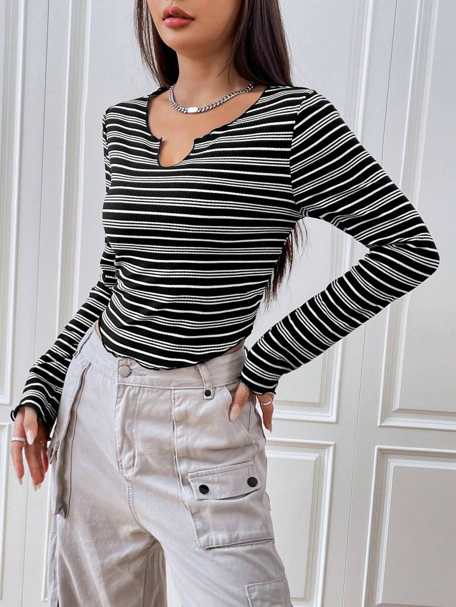 SHEIN EZwear Striped Notched Neckline Lettuce Trim Crop Tee - Black - View 1