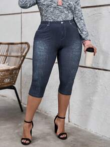 SHEIN LUNE Cộng với quần legging Capri lưng cao - Màu xám đen - Xem 5