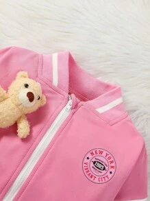 Baby Girl Letter Graphic Bear Doll Decor Bomber Jacket & Pleated Skirt - Pink - View 4