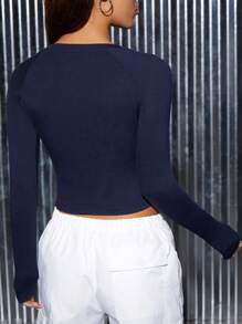 SHEIN PETITE Đồ họa Chữ cái Sọc & In số Áo phông Crop - Màu xanh lam - Xem 2
