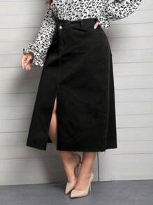 SHEIN Privé 大碼高腰高衩牛仔半身裙 - 黑色 - 查看 4