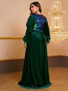 YISIKADO Plus Contrast Sequin Lantern Sleeve Velvet Prom Dress - Multicolor - View 2