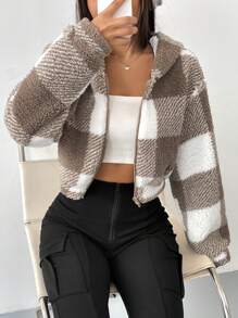 SHEIN EZwear Họa tiết kẻ sọc trâu Thả vai áo có mũ Áo Teddy Jackets - Màu Khaki - Xem 4