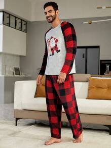 1pc Christmas Print Raglan Sleeve Tee & 1pc Buffalo Plaid Print Pants PJ Set / Pajama Set, Fall/Winter Clothes - Multicolor - View 4