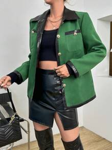 SHEIN Privé Contrast Trim Flap Pocket Coat - Olive Green - View 1