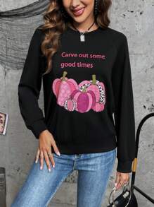 SHEIN LUNE Sudadera con estampado de halloween de manga raglán - Negro - Ver 1