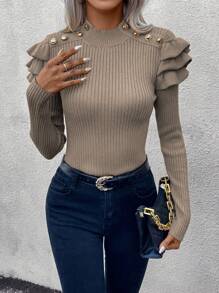 SHEIN LUNE Mock Neck Ruffle Trim Button Detail Ribbed Knit Pullover Fall Winter Sweater - Camel - View 4