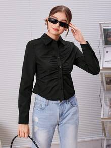 SHEIN Camisa de adolescente con botones delanteros fruncidos