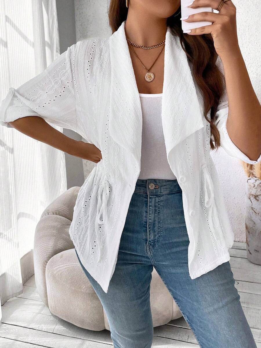 SHEIN Franclia Hơn Lỗ gắn thêu Cổ áo thác nước Eo dây rút áo - trắng - Xem 1