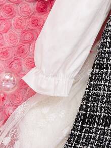 SHEIN 女嬰格紋印花前蝴蝶結喇叭袖假兩件洋裝 - 黑與白 - 查看 3