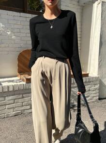 DAZY Solid Ribbed Knit Tee,Fall Clothes Long Sleeve Women Tops - Black - View 4