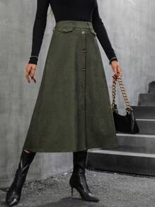 SHEIN LUNE Cao eo Nút phía trước Vải to sợi Váy - xanh quân đội - Xem 4