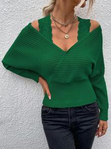 SHEIN Essnce Ren tương phản Vai lạnh Tay áo dơi Cổ áo Chồng chéo Áo len - màu xanh lá - Xem 5