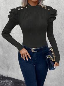 EMERY ROSE Button Detail Ruffle Trim Mock Neck Sweater,Long Sleeve Tops Knit Pullover Fall Winter Sweater - Black - View 5