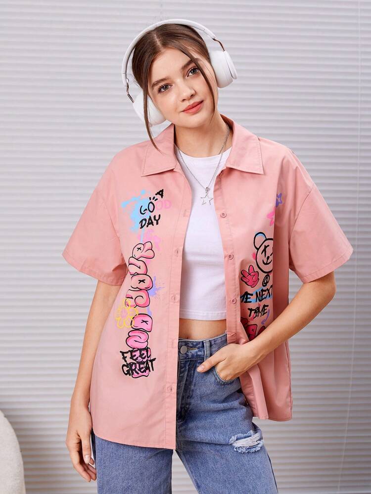 Teen Girl Cartoon Graphic Drop Shoulder Shirt