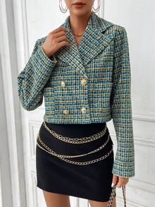 SHEIN Privé Plaid Double Breasted Crop Blazer - Blue and White - View 2