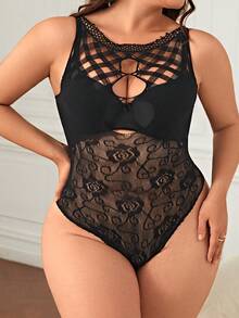 Classic Sexy 大碼鏤空漁網拼接性感緊身連體衣不附襯裏 - 黑色 - 查看 4