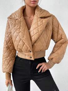 Chiquease Lapel Neck Crop Quilted Padded Coat Clothes Winter - Brown - View 1