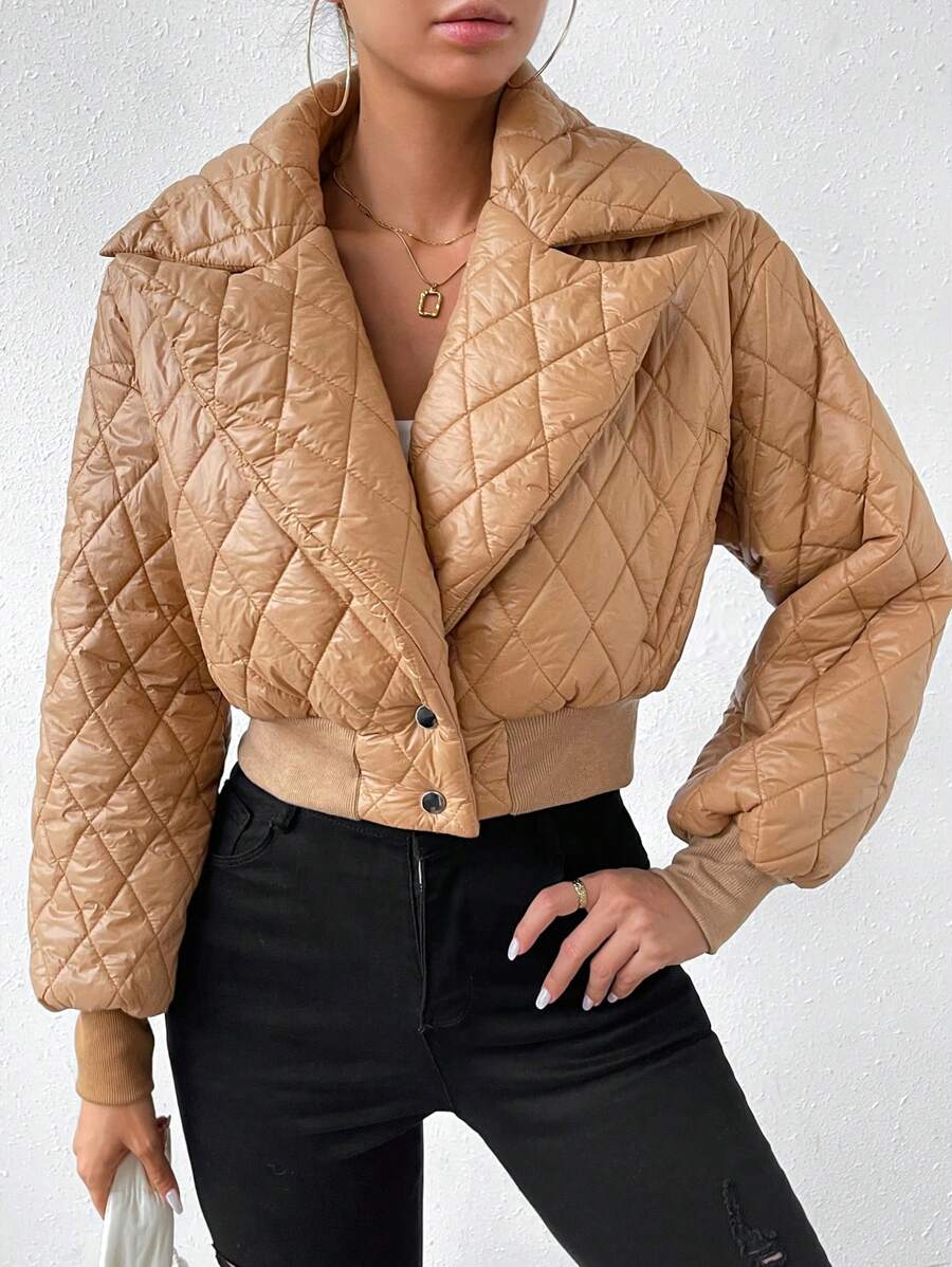 Chiquease Lapel Neck Crop Quilted Padded Coat Clothes Winter - Brown - View 1