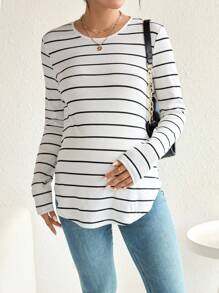 SHEIN Maternity Striped Print Curved Hem Tee - Black and White - View 6
