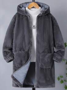 Tween Boys Dual Pocket Hooded Teddy Coat Without Sweater - Dark Grey - View 1