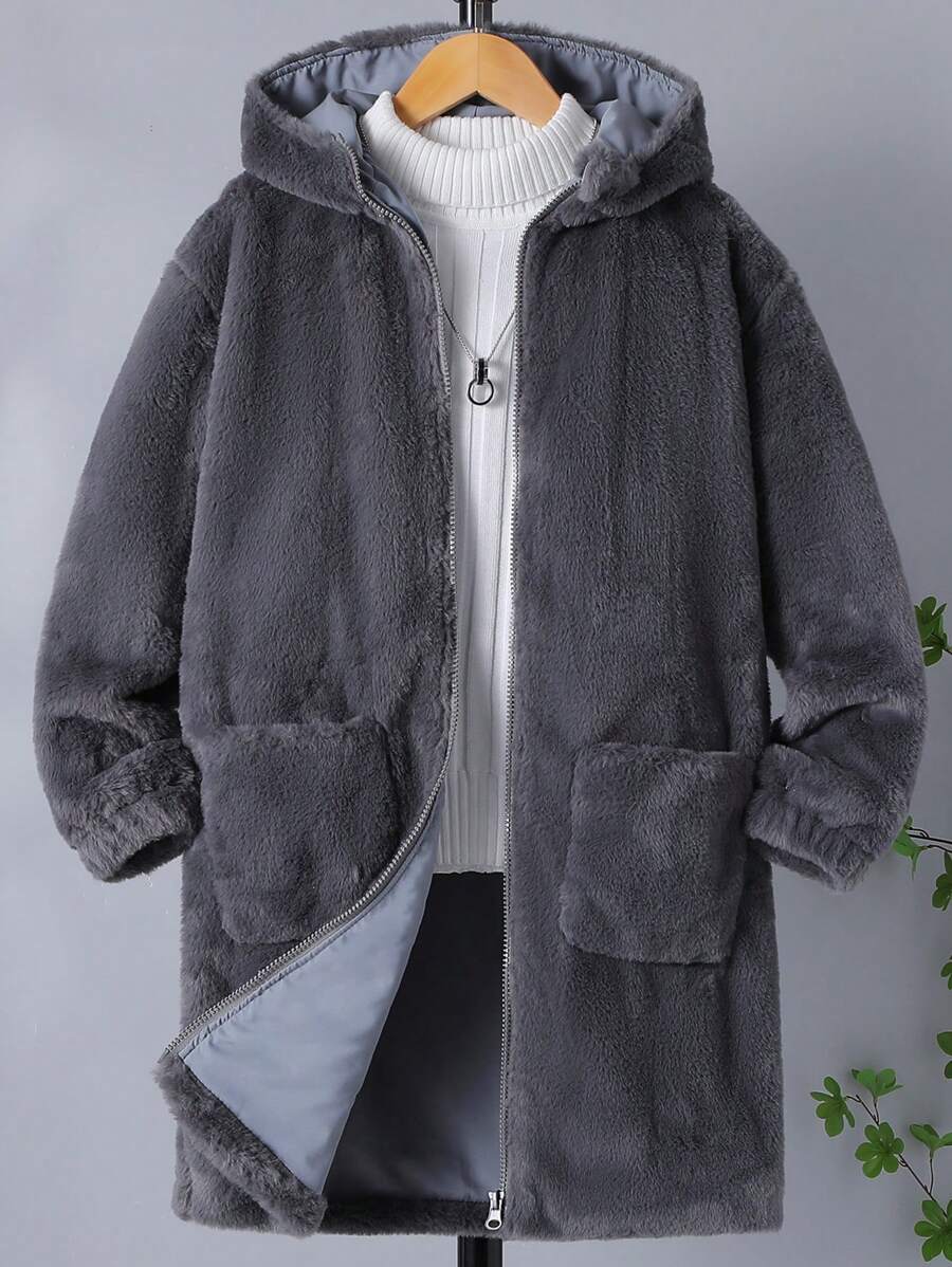 Tween Boys Dual Pocket Hooded Teddy Coat Without Sweater - Dark Grey - View 1