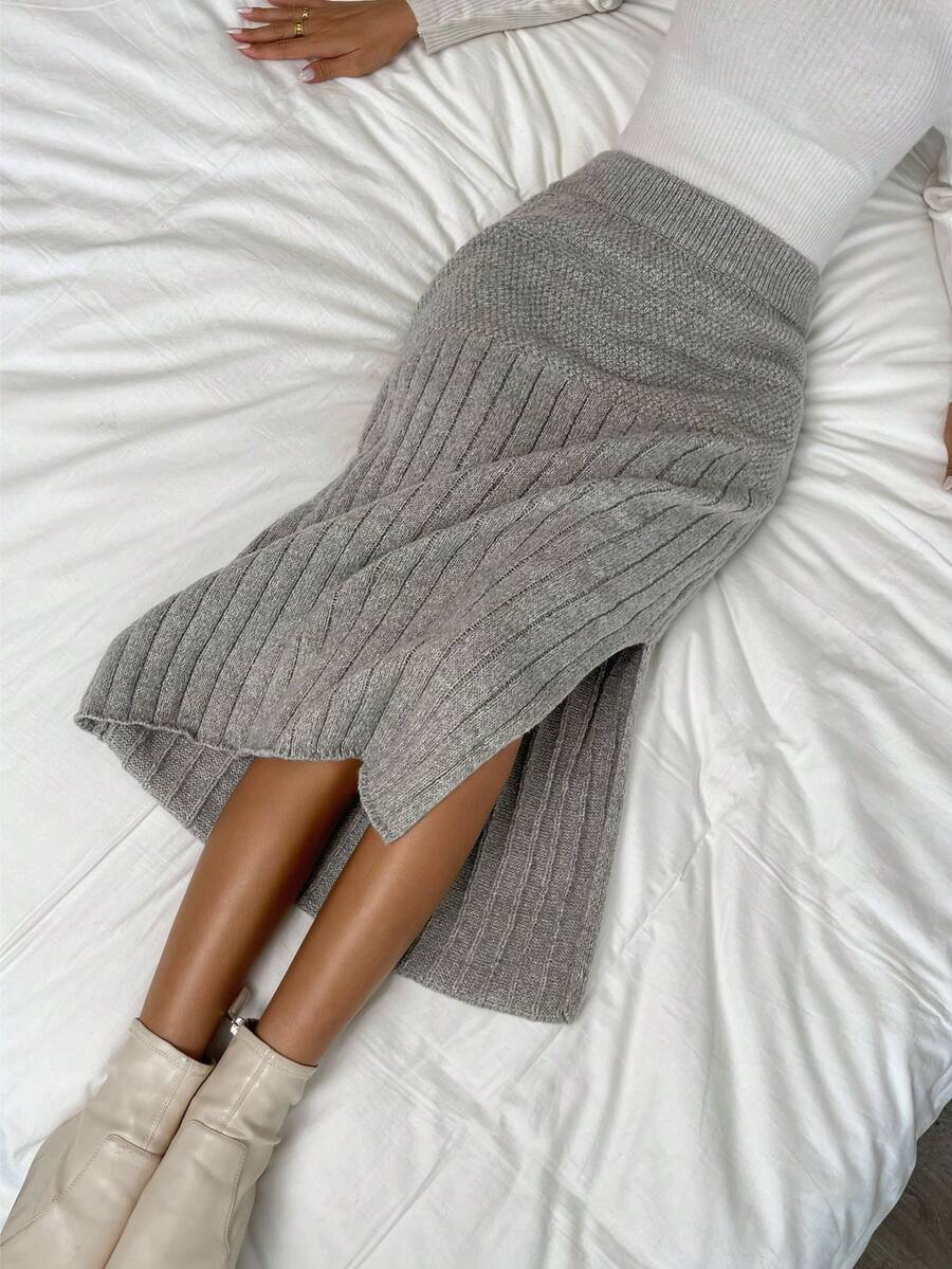 SHEIN Privé Falda de punto acanalado con muslo dividido y cintura alta - Gris Claro - Ver 1