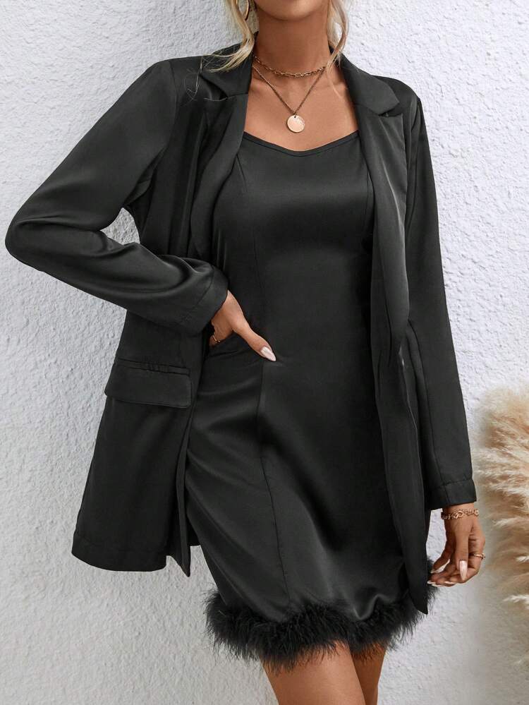 Fuzzy Trim Single Button Blazer & Cami Dress