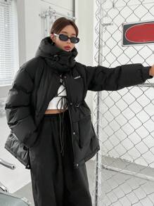 DAZY Letter Graphic Drawstring Waist Hooded Puffer Thick Pockets Coat - Black - View 13