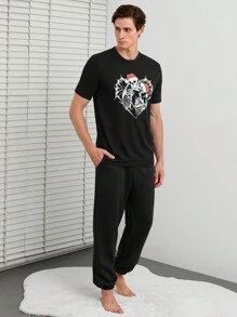 RueChic Men Skeleton Print Lounge Set - Black - View 4
