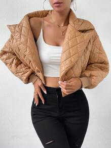 Chiquease Lapel Neck Crop Quilted Padded Coat Clothes Winter - Brown - View 6