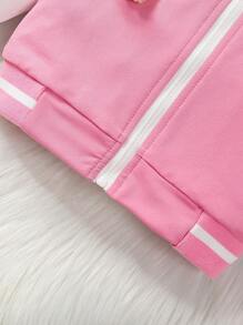 Baby Girl Letter Graphic Bear Doll Decor Bomber Jacket & Pleated Skirt - Pink - View 6
