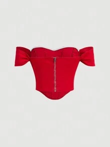SHEIN MOD Camisa De Mezclilla Roja Con Escote En Forma De Corazón Para Mujer, Para El Día De San Valentín - Rojo - Ver 2