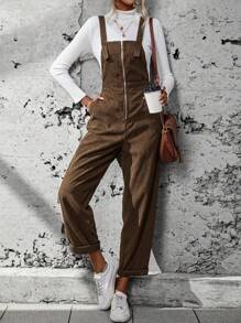 SHEIN Frenchy Zip Up Corduroy Overall Jumpsuit Without Tee - Brown - View 4
