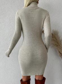 SHEIN Cottnline Turtleneck Ribbed Knit Turtleneck Sweater Dress Without Belt - Beige - View 2