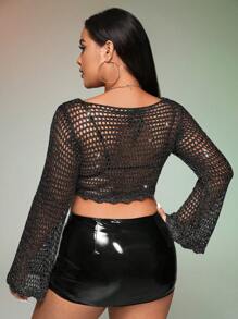 SHEIN ICON Plus Hollow Out Crop Sweater Without Bra - Black - View 3