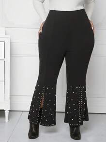 SHEIN CURVE+ Plus Pearls Beaded Split Hem Flare Leg Pants - Black - View 1