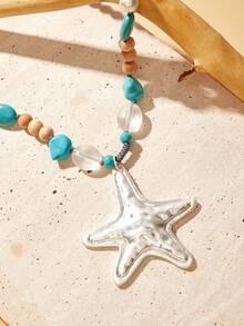 SHEIN VCAY Bohemian Style Natural Stone & Starfish Shaped Short Necklace - Turquoise - View 6