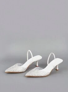 2025 Otoño/Invierno Mujeres Puntiagudo Dedo del pie Tacón Alto Mules, Elegante Tacón de Gatito Slip-On Zapatos, Zapatos de Verano - Blanco - Ver 4