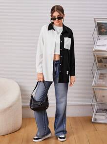 SHEIN Cămașă din velur cu umăr căzut, cu buzunare, pe două tonuri, pentru adolescentă