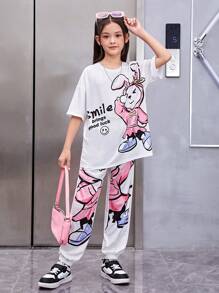 SHEIN 女大童卡通圖案落肩T恤和褲子 - 彩色 - 查看 1