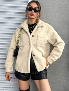 SHEIN Essnce Dual Pocket Drop Shoulder Teddy Coat - Apricot - View 4