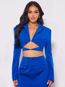 SHEIN BAE Lapel Neck Crop Blazer - Blue - View 3
