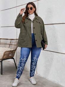 SHEIN LUNE Plus Flap Pocket Drop Shoulder Coat - Army Green - View 5