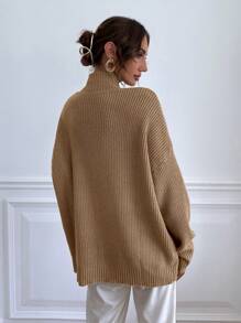 RosyDaze 高领蝙蝠袖毛衣，长袖针织套头衫，秋冬毛衣 - 卡其色 - 查看 2