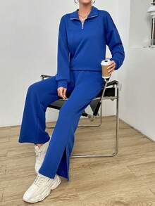 SHEIN Essnce Một nửa khóa kéo Thả vai Áo len & quần - Xanh đậm - Xem 5