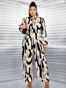 Celure 大碼滿版印花燈籠袖闊腿連體褲 - 卡其色 - 查看 5